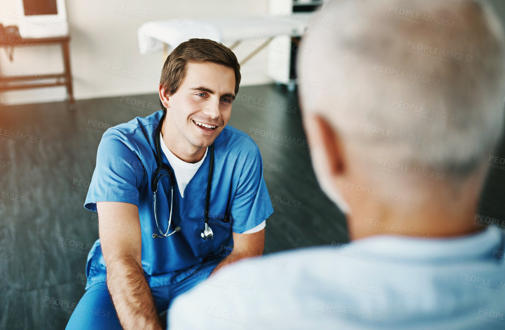 Buy stock photo Male nurse, smile and senior care in nursing home for trust, support and healthcare in clinic. Happy man, caregiver and consultation with elderly person for retirement, health insurance and empathy