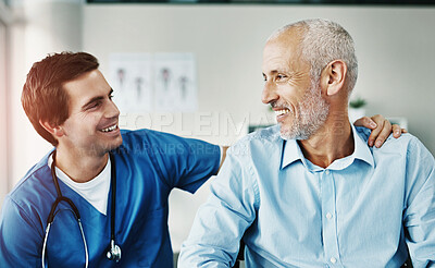 Buy stock photo Doctor, man and smile in hospital for support, healthcare and service for wellness. Medical professional or expert, happy and elderly patient with dementia or Alzheimers in clinic for treatment