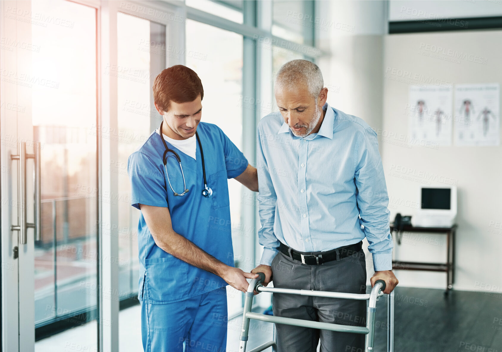 Buy stock photo Nurse, patient and physical therapy with walker, help and support in clinic for healthcare. Physiotherapy, service and hospital care for male person with parkinson, walking and rehabilitation center