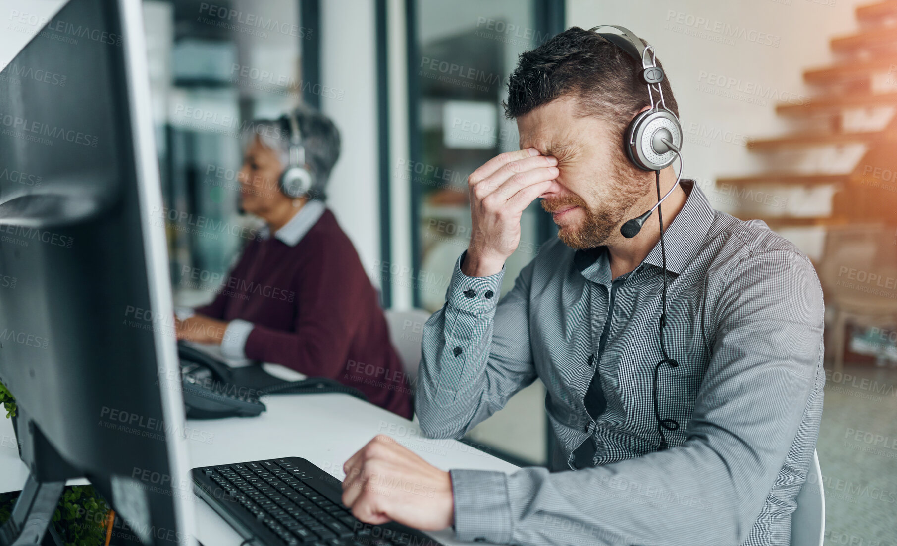 Buy stock photo Call center, depression or businessman with stress headache in office overwhelmed by fear, fail or crm mistake. Anxiety, vertigo or consultant frustrated by telecom workload, pressure or faq crisis