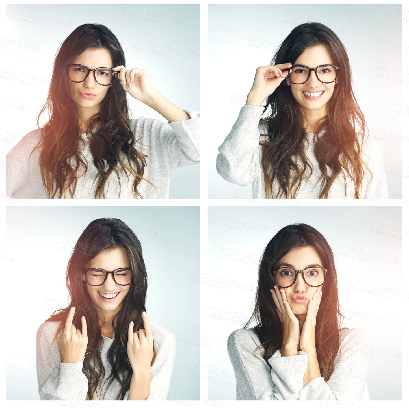 Buy stock photo Collage, glasses and portrait of woman with pout on a white background for fashion, style and frames. Optometry, montage and person with comic, emoji and funny face for vision, eyesight and wellness