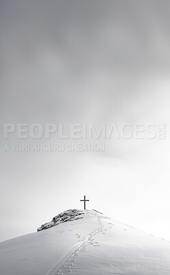 Christian cross, sky and religious symbol on snowy landscape for praying, ritual and spiritual worship. Backgrounds, believe and crucifix in nature for religion, sacrifice and christianity or faith