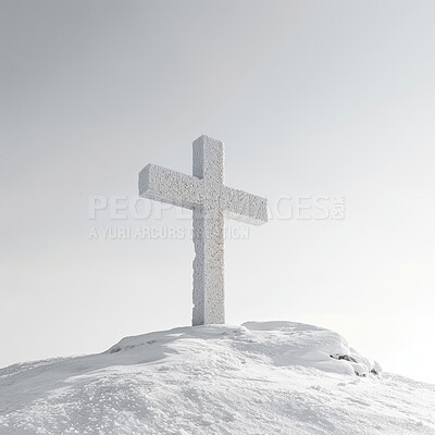 Christian cross, sky and religious symbol on hill or landscape for praying, ritual and spiritual worship. Backgrounds, believe and crucifix in nature for religion, sacrifice and christianity or faith