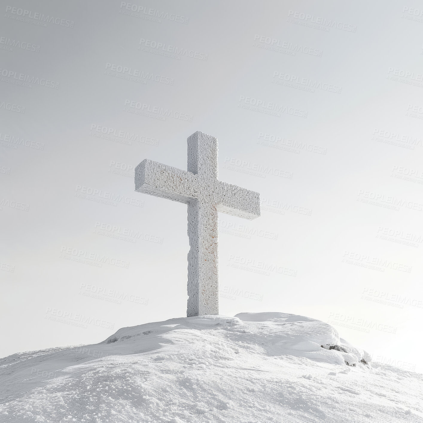 Buy stock photo Christian cross, sky and religious symbol on hill or landscape for praying, ritual and spiritual worship. Backgrounds, believe and crucifix in nature for religion, sacrifice and christianity or faith