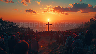 Christian cross, crowd and religion at sunset for praying, silhouette and spiritual social gathering, Background, people and crucifix symbol at sunrise for prayer, worship and religious community