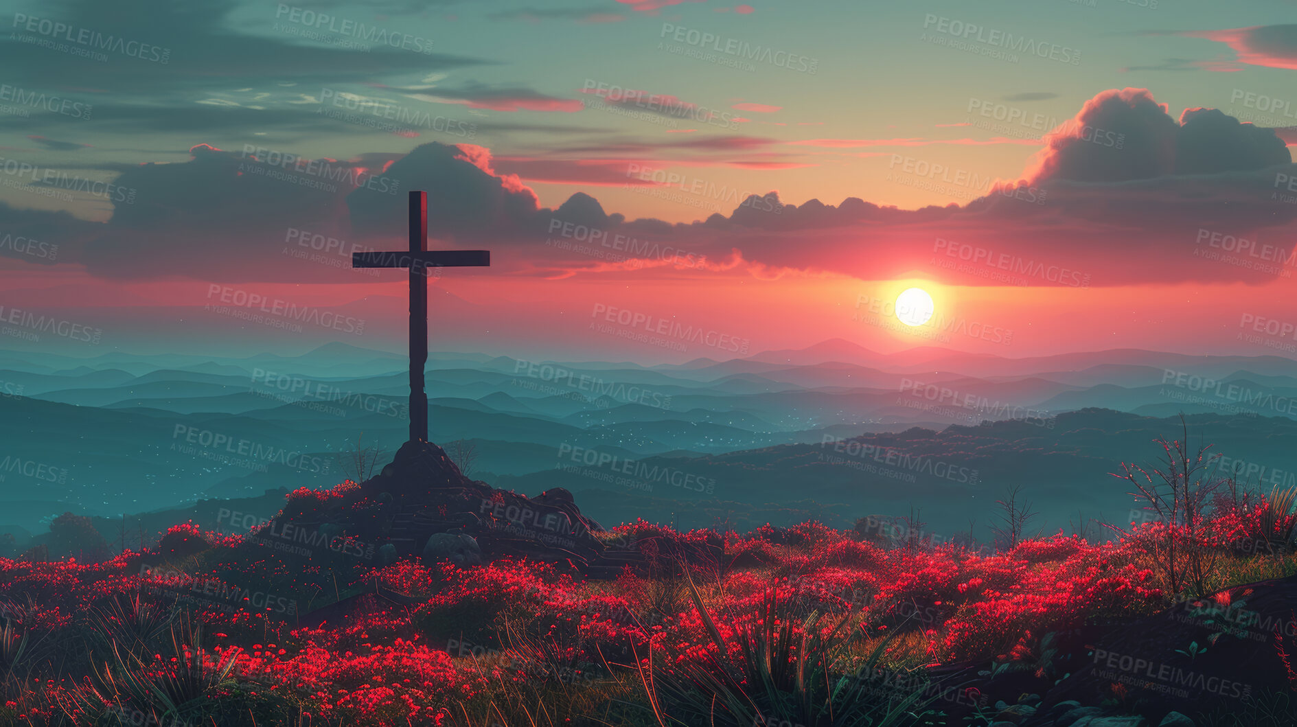 Buy stock photo Christian cross, sky and religious symbol on hill or landscape for praying, ritual and spiritual worship. Backgrounds, believe and crucifix in nature for religion, sacrifice and christianity or faith