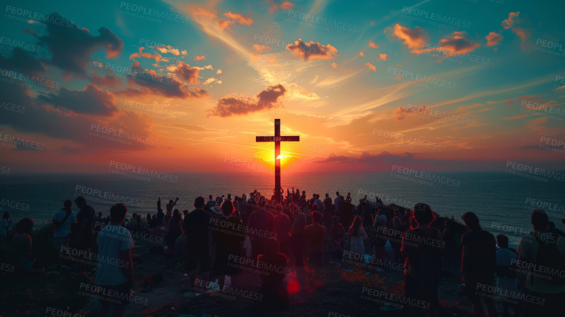 Buy stock photo Christian cross, crowd and religion at sunset for praying, silhouette and spiritual social gathering, Background, people and crucifix symbol at sunrise for prayer, worship and religious community