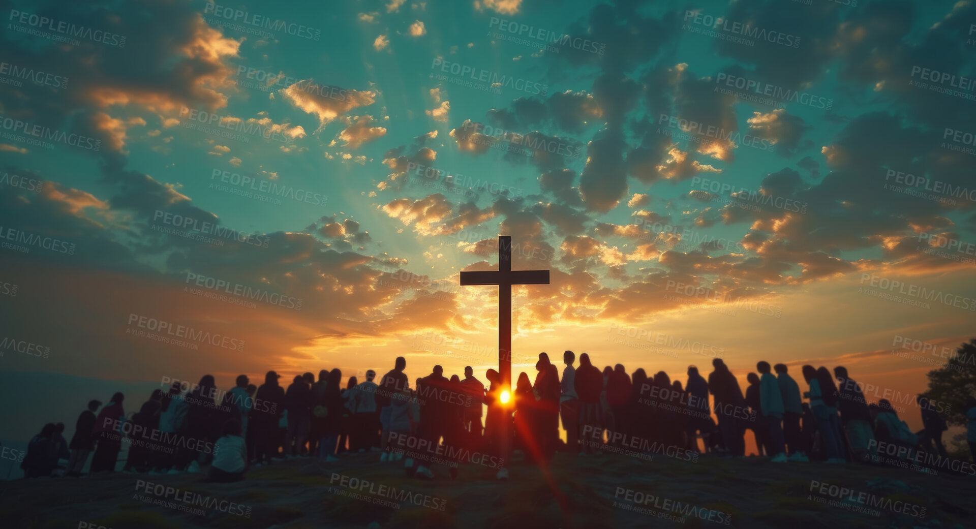 Buy stock photo Christian cross, crowd and religion at sunset for praying, silhouette and spiritual social gathering, Background, people and crucifix symbol at sunrise for prayer, worship and religious community