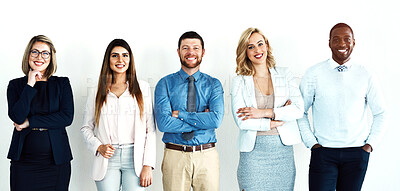 Buy stock photo Portrait, law group and business people with arms crossed by white wall background in office workplace. Face, confident smile and lawyers standing together with teamwork, diversity and collaboration.
