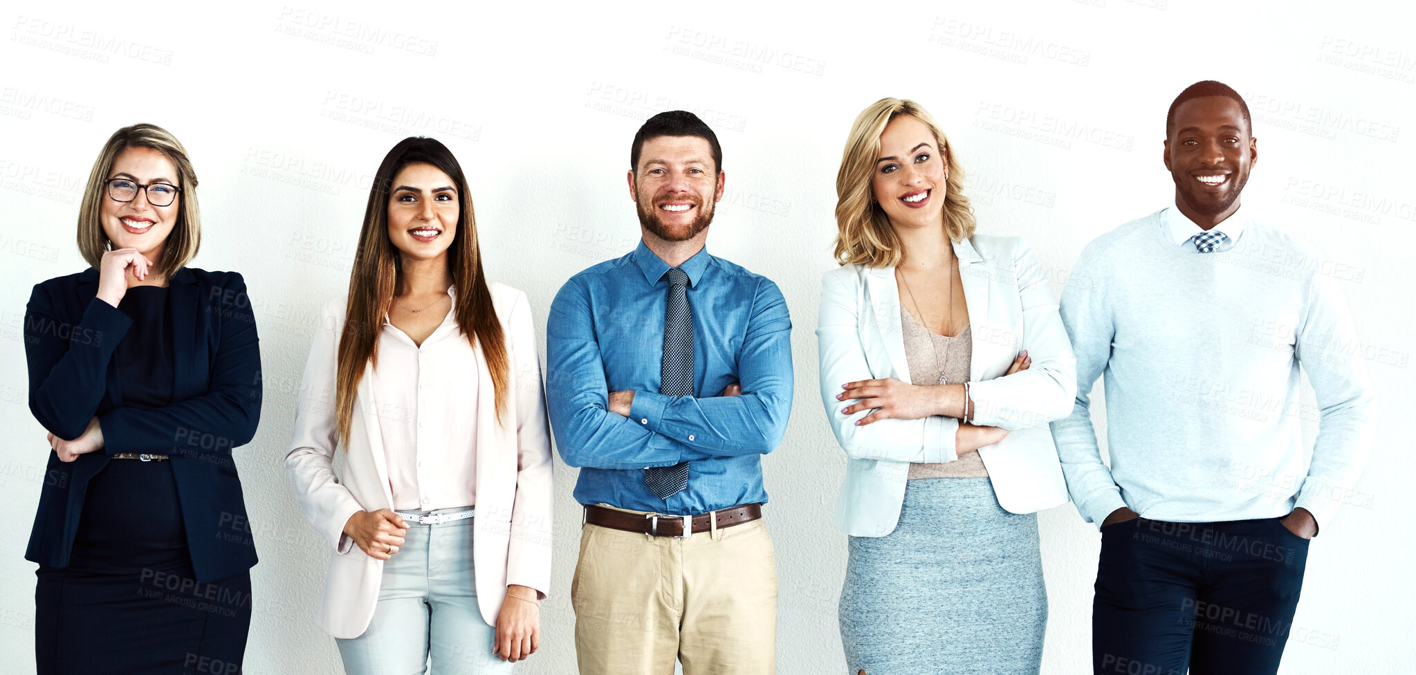 Buy stock photo Portrait, law group and business people with arms crossed by white wall background in office workplace. Face, confident smile and lawyers standing together with teamwork, diversity and collaboration.