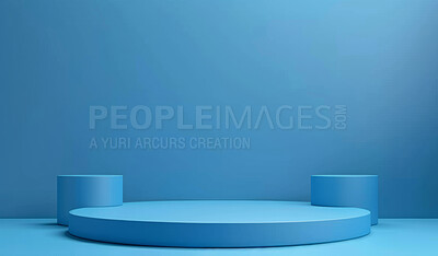 Podium, blue studio or stage design template for your product placement, advertising or marketing backdrop. Empty, modern and beautiful platform for business branding, background or showroom mockup