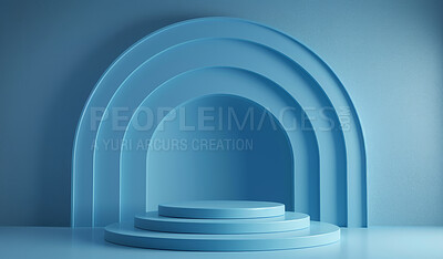 Buy stock photo Podium, blue studio or stage design template for your product placement, advertising or marketing backdrop. Empty, modern and beautiful platform for business branding, background or showroom mockup