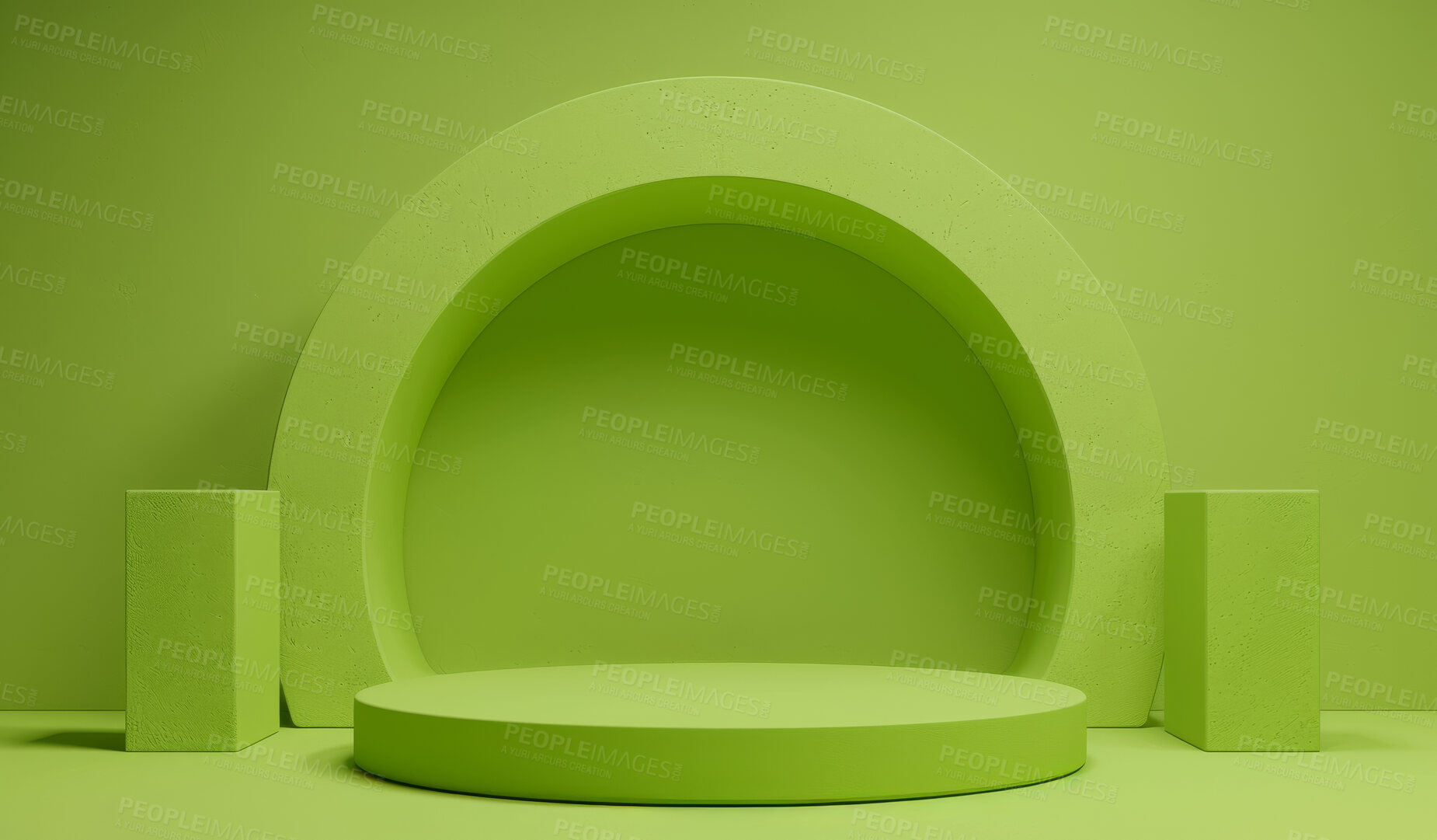 Buy stock photo Podium, green studio or stage design template for your product placement, advertising or marketing backdrop. Empty, modern and beautiful platform for business branding, background or showroom mockup