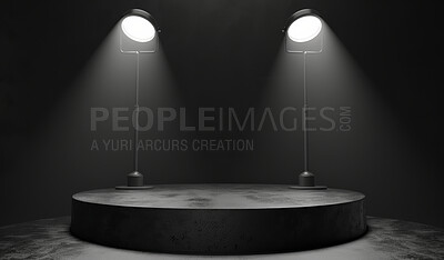 Podium, black studio or stage design template for your product placement, advertising or marketing backdrop. Empty, modern and beautiful platform for business branding, background or showroom mockup