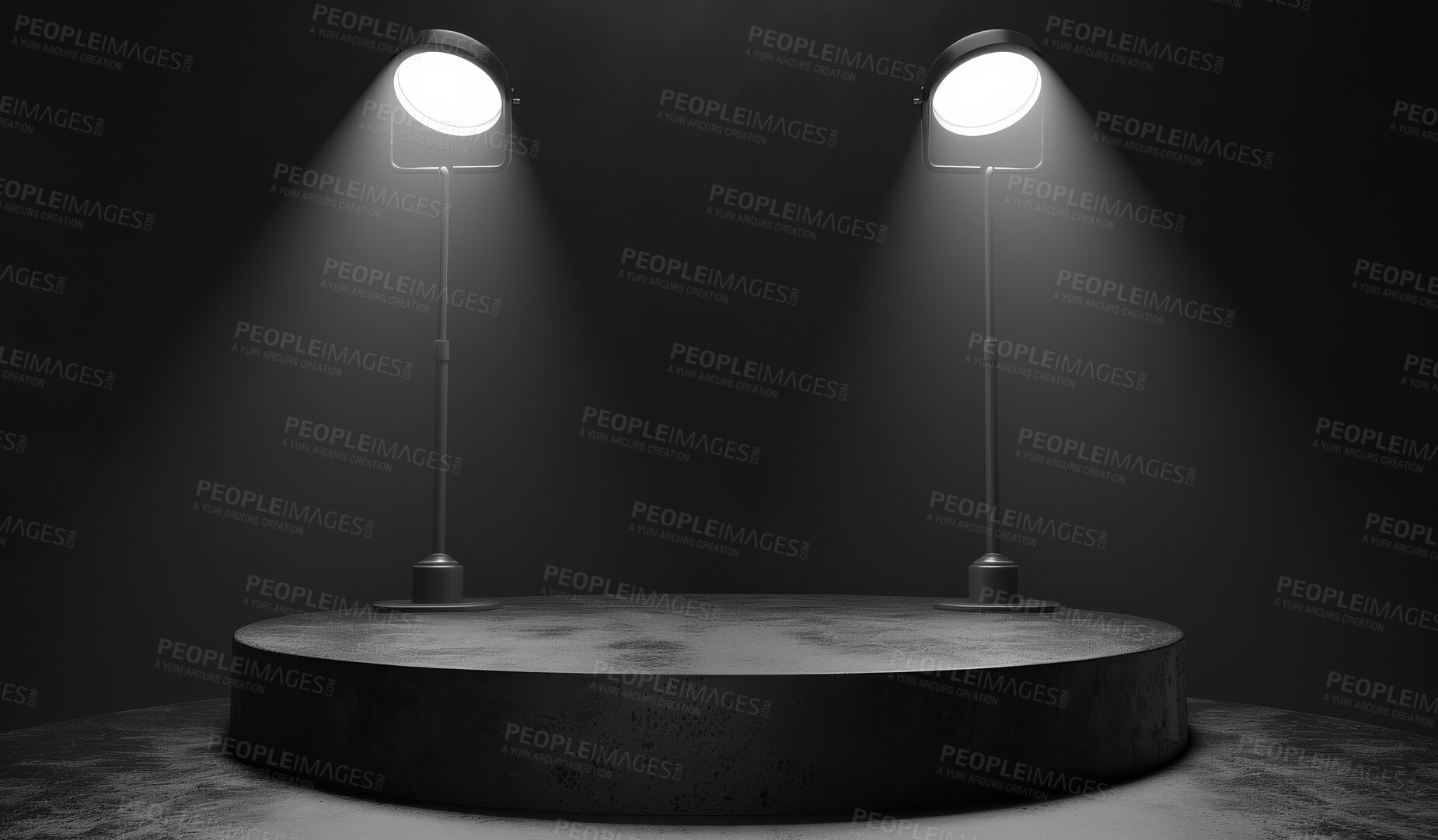 Buy stock photo Podium, black studio or stage design template for your product placement, advertising or marketing backdrop. Empty, modern and beautiful platform for business branding, background or showroom mockup