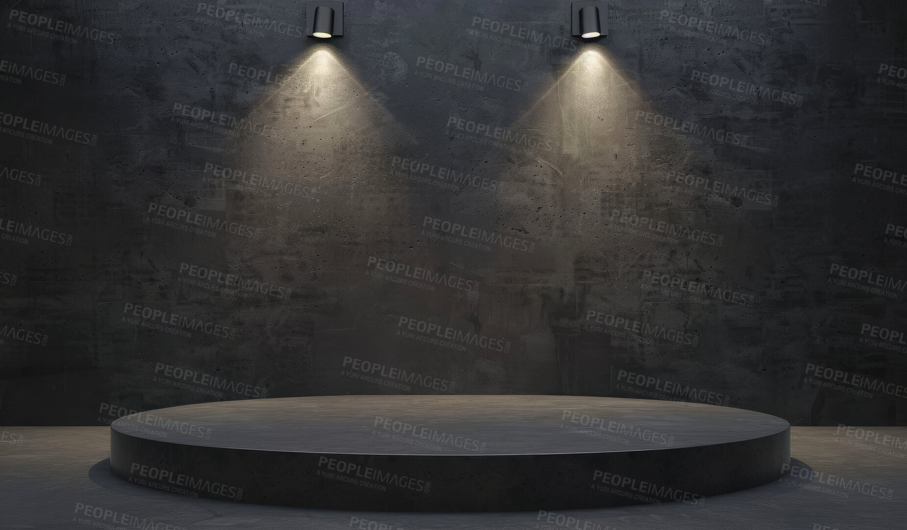 Buy stock photo Podium, black studio or stage design template for your product placement, advertising or marketing backdrop. Empty, modern and beautiful platform for business branding, background or showroom mockup