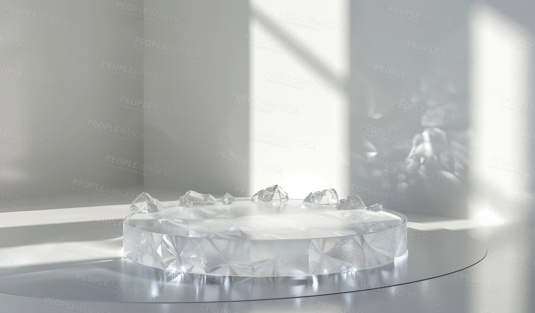Buy stock photo Podium, crystal or stage design template for your product placement, advertising or marketing backdrop. Empty, modern and beautiful platform for business branding, background or showroom mockup