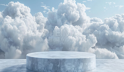 Podium, cloud sky or stage design template for your product placement, advertising or marketing backdrop. Empty, modern and beautiful platform for business branding, background or showroom mockup