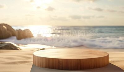 Podium, beach scene or stage design template for your product placement, advertising or marketing backdrop. Empty, modern and beautiful platform for business branding, background or showroom mockup