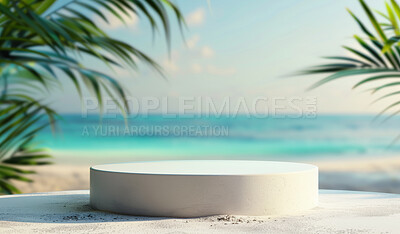 Podium, beach scene or stage design template for your product placement, advertising or marketing backdrop. Empty, modern and beautiful platform for business branding, background or showroom mockup
