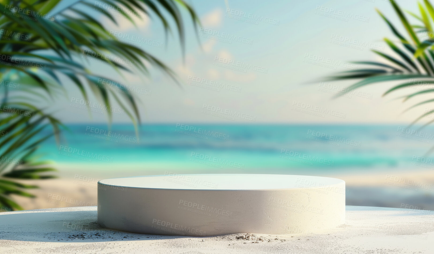 Buy stock photo Podium, beach scene or stage design template for your product placement, advertising or marketing backdrop. Empty, modern and beautiful platform for business branding, background or showroom mockup