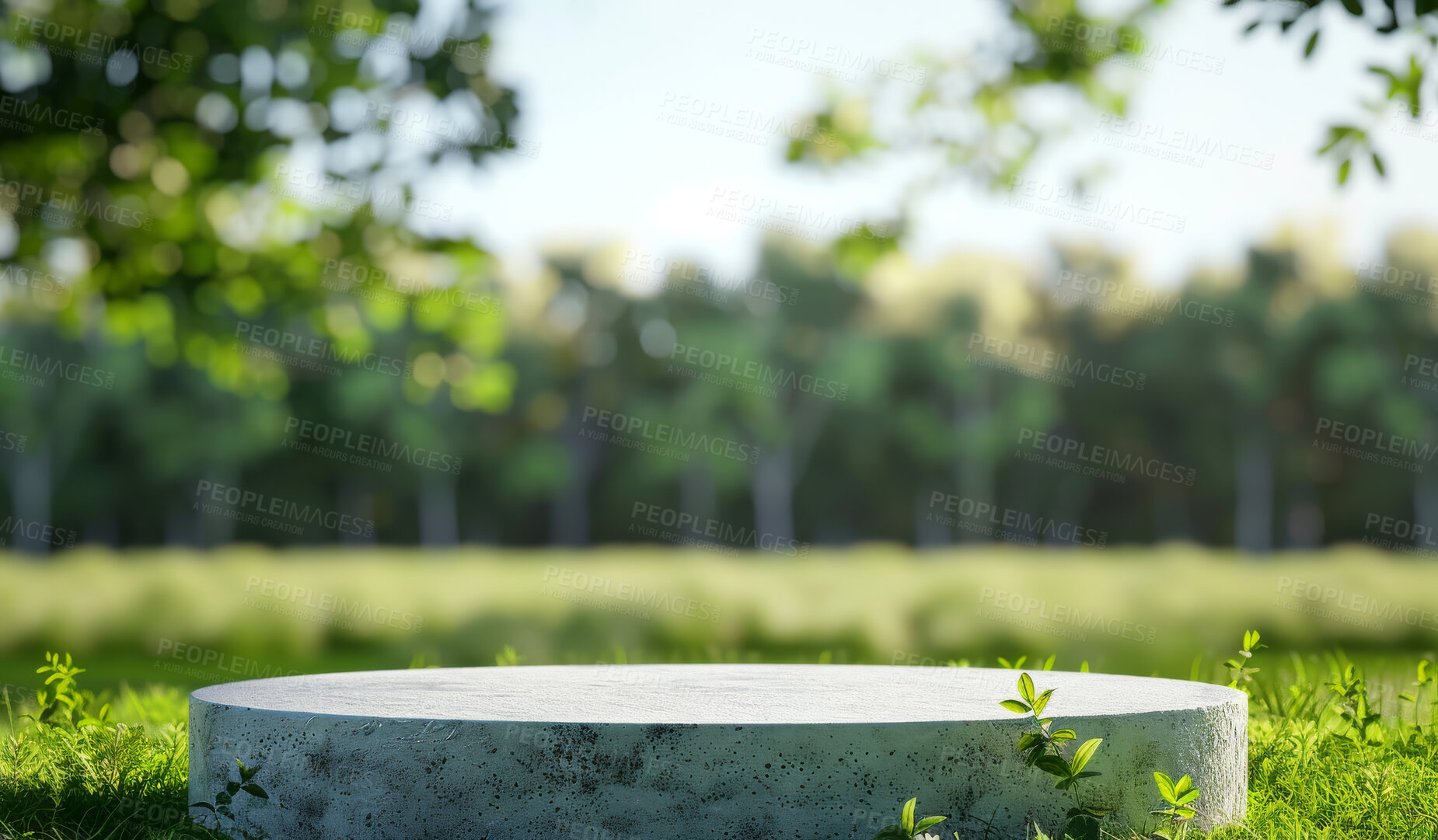 Buy stock photo Podium, park scene or stage design template for your product placement, advertising or marketing backdrop. Empty, modern and beautiful platform for business branding, background or showroom mockup