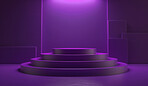 Podium, purple or stage design template for your product placement, advertising or marketing backdrop. Empty, modern and beautiful platform for business branding, background or showroom mockup