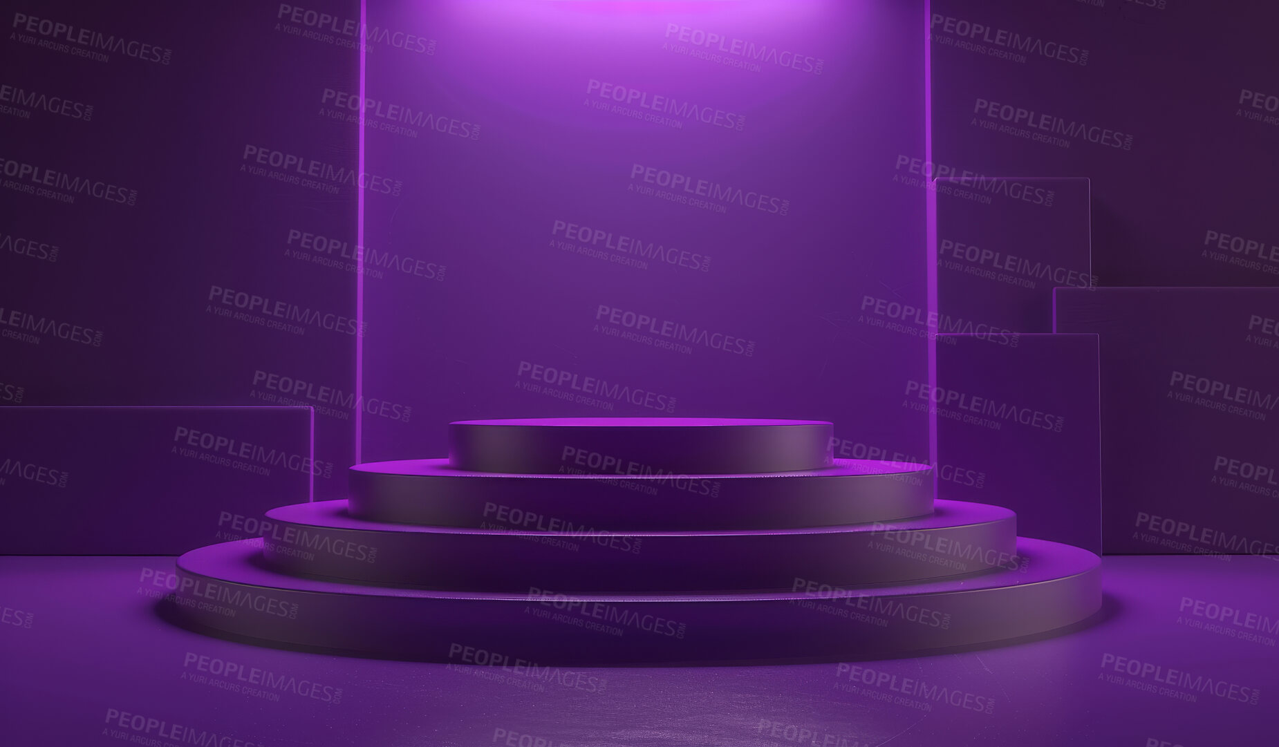 Buy stock photo Podium, purple or stage design template for your product placement, advertising or marketing backdrop. Empty, modern and beautiful platform for business branding, background or showroom mockup