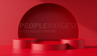 Podium, red studio or stage design template for your product placement, advertising or marketing backdrop. Empty, modern and beautiful platform for business branding, background or showroom mockup