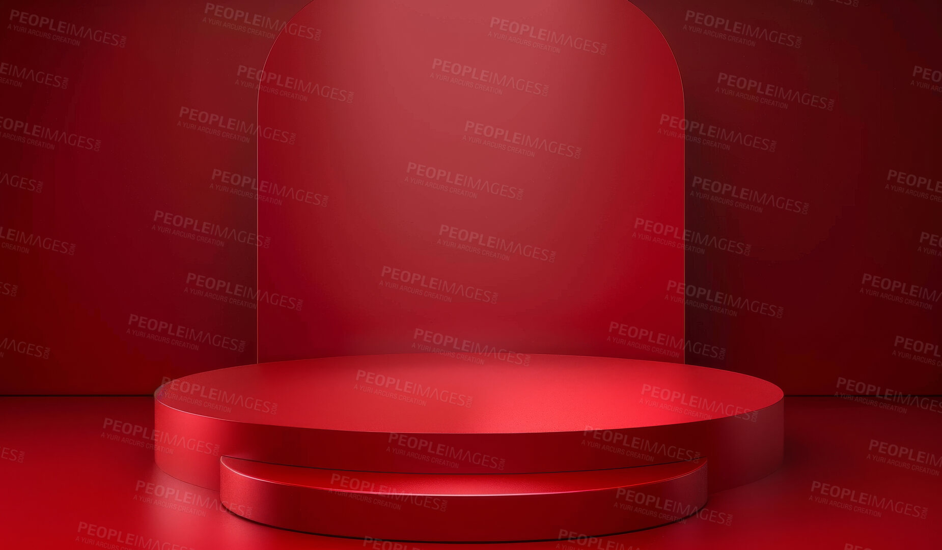 Buy stock photo Podium, red studio or stage design template for your product placement, advertising or marketing backdrop. Empty, modern and beautiful platform for business branding, background or showroom mockup