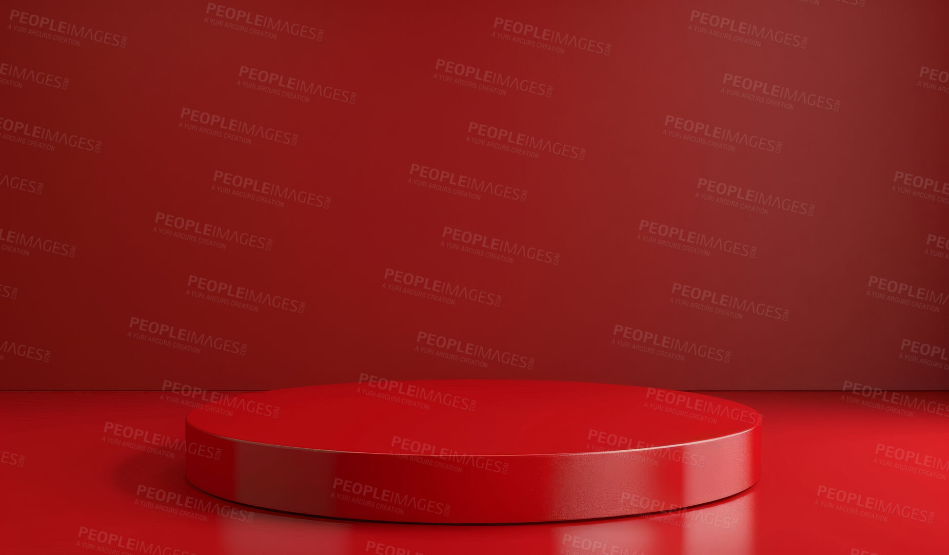 Buy stock photo Podium, red studio or stage design template for your product placement, advertising or marketing backdrop. Empty, modern and beautiful platform for business branding, background or showroom mockup