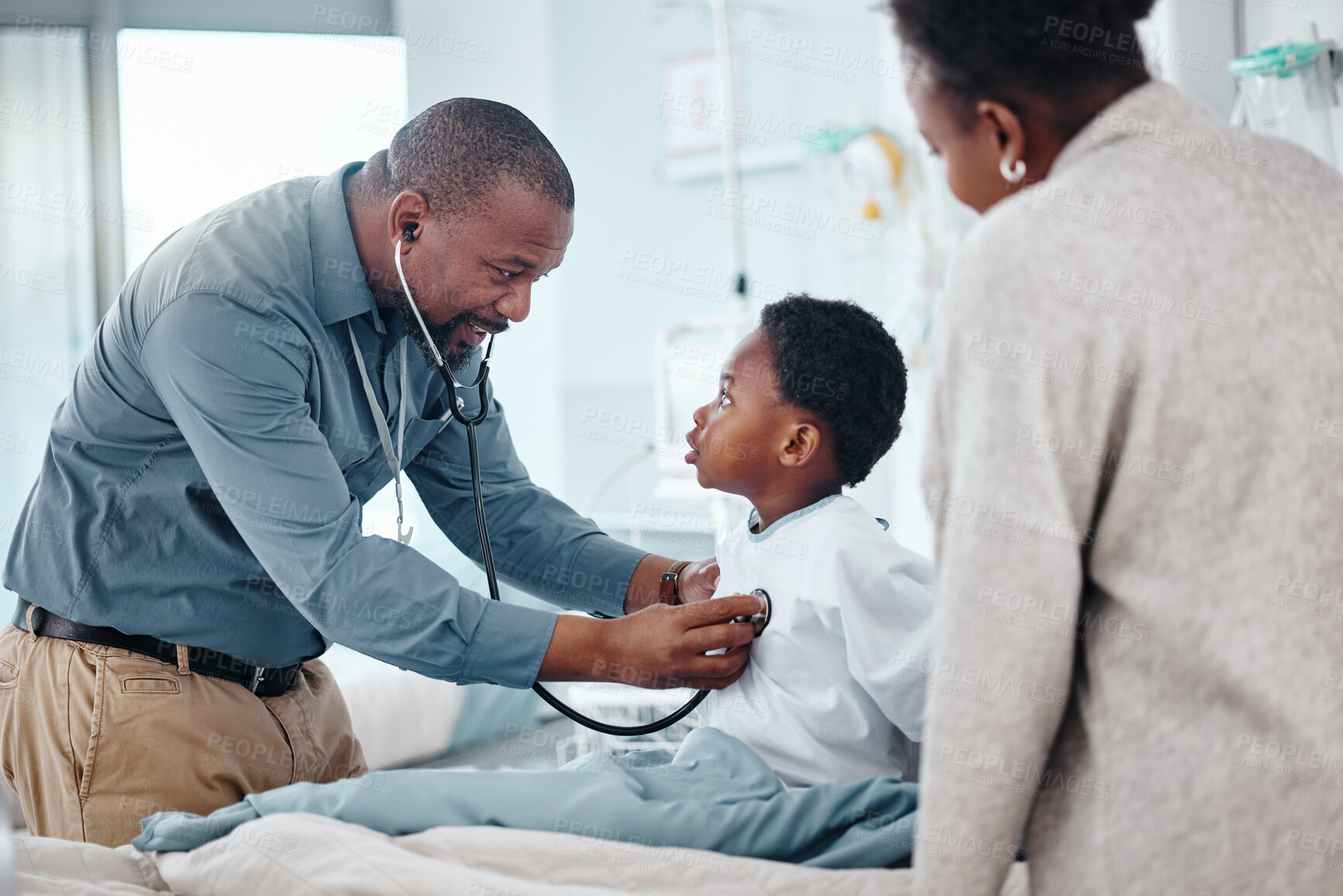 Buy stock photo Pediatrician, child and mother for hospital consultation with stethoscope for cardiology diagnosis, development or checkup. Medical doctor, parent and patient for health advice, examine or wellness