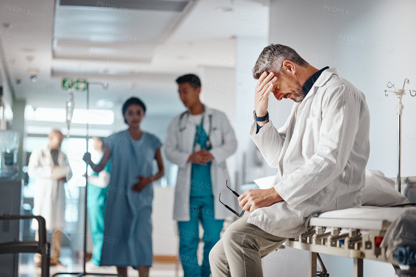 Buy stock photo Hospital, stress and doctor with headache, healthcare and mistake with failure and overworked with fatigue. Clinic, medical or professional with pain or tired with migraine or burnout with depression