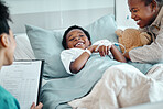 Pediatrician, child and mother for hospital examination with paperwork checklist for diagnosis, symptoms or consultation. Patient, drip and doctor worker with parent advice, healthcare or wellness