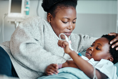 Hospital, bed and mother with girl for comfort or support for treatment of Respiratory syncytial virus. Black mom, kid and together in clinic for healthcare, medical services and recovery of illness.