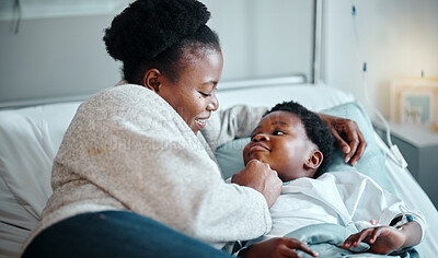 Hospital, bed and mother with girl for support or comfort for treatment of Respiratory syncytial virus. Black mom, kid and together in clinic for healthcare, medical services and recovery of illness.