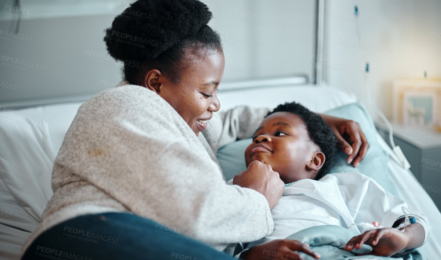 Buy stock photo Hospital, bed and mother with girl for support or comfort for treatment of Respiratory syncytial virus. Black mom, kid and together in clinic for healthcare, medical services and recovery of illness.