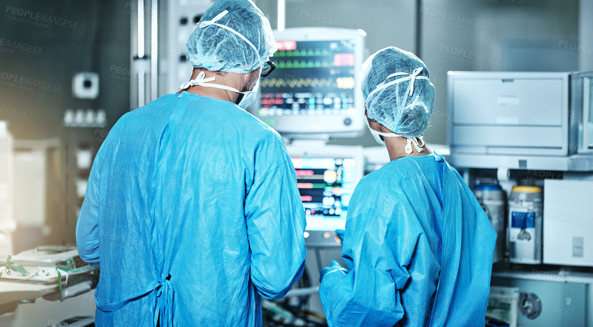 Buy stock photo Surgery, back or surgeons with teamwork for emergency, accident or healthcare in hospital clinic. Heart rate monitor, medical or doctors in surgical collaboration in operating room to support or help