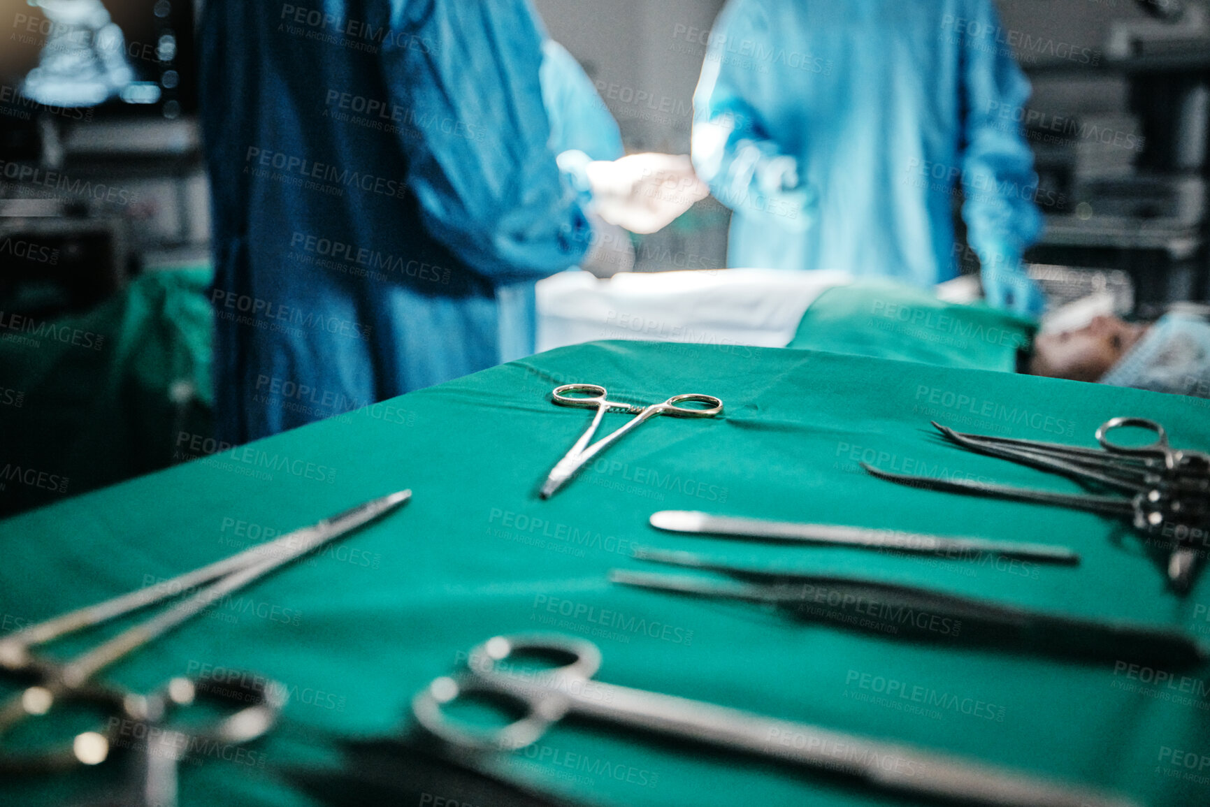 Buy stock photo Surgery, medical and equipment on table in hospital for transplant procedure treatment. Healthcare, scissors and surgeons working with metal surgical tools for operation at medicare clinic theater.
