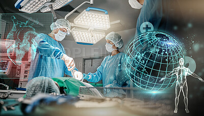 Doctors, hospital and hologram globe with surgery in operating room in scrubs, ppe and help for emergency. Surgeon, group and procedure in icu, 3d overlay and cardiology with heart wellness at clinic