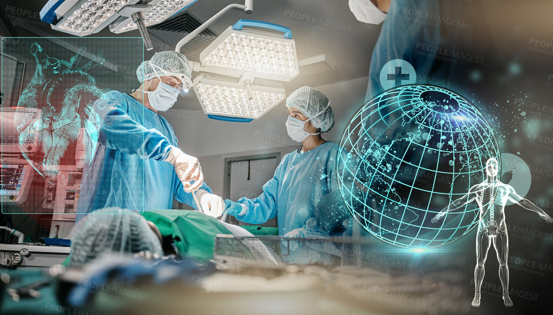 Buy stock photo Doctors, hospital and hologram globe with surgery in operating room in scrubs, ppe and help for emergency. Surgeon, group and procedure in icu, 3d overlay and cardiology with heart wellness at clinic