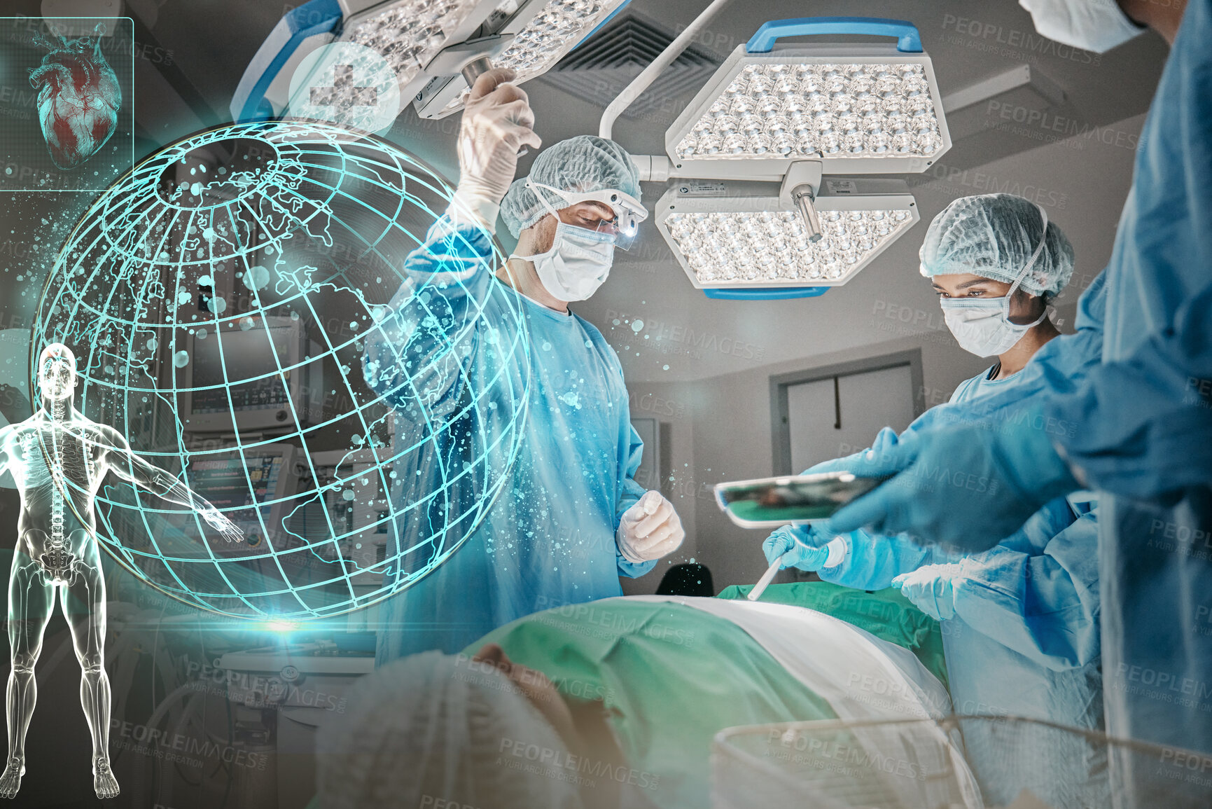Buy stock photo Doctors, hospital and hologram earth for healthcare in operating room for surgery, ppe and help for emergency. Surgeon, group and procedure in icu, 3d overlay and cardiology with heart icon at clinic