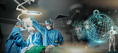 Doctors, hospital and surgery with global hologram of earth in operating room with ppe, anatomy and emergency. Surgeon, group and planet in icu, 3d overlay and cardiology with heart icon at clinic