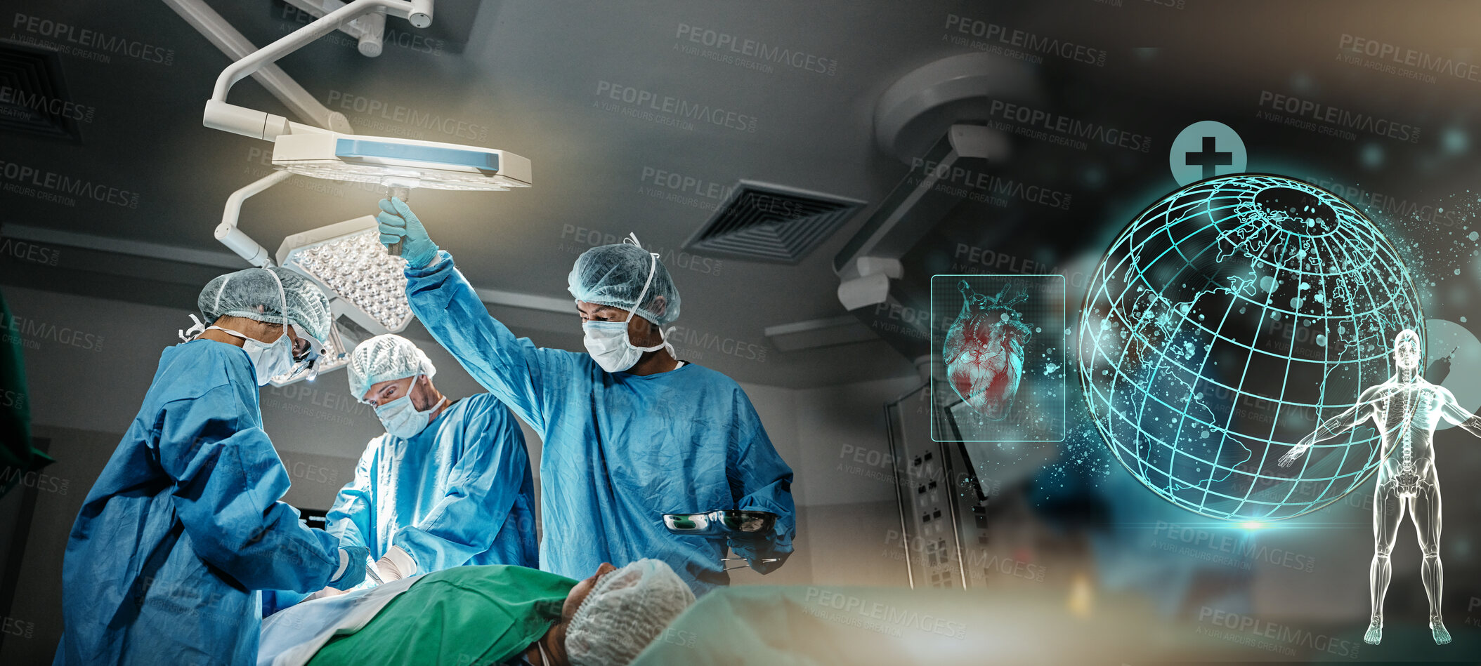 Buy stock photo Doctors, hospital and surgery with global hologram of earth in operating room with ppe, anatomy and emergency. Surgeon, group and planet in icu, 3d overlay and cardiology with heart icon at clinic