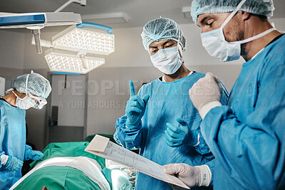 Surgery, documents or surgeons with teamwork for emergency, accident or healthcare in hospital. Paperwork, medical checklist or doctors in surgical collaboration in operating room to support or help