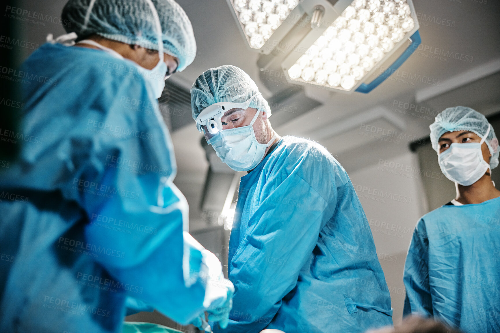 Buy stock photo Theatre, icu or surgeons with teamwork for emergency, accident or healthcare in hospital clinic. Surgery operation, medical or doctors in surgical collaboration in operating room to support or help