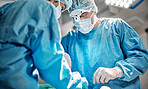 Theatre, operation or surgeons with teamwork for emergency, accident or healthcare help in hospital clinic. Surgery procedure, icu or doctors in surgical collaboration in operating room to support