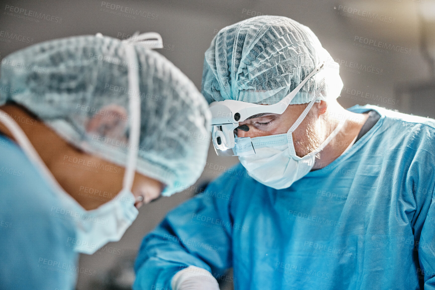 Buy stock photo Surgery, operation or surgeons with teamwork for emergency, accident or healthcare help in hospital clinic. Theatre procedure, icu or doctors in surgical collaboration in operating room to support