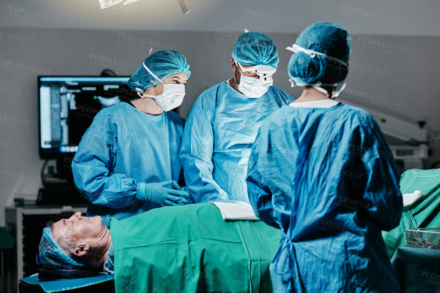 Buy stock photo Healthcare, surgery and team of doctors with patient in theater for emergency medical procedure. Hospital, cooperation and professional surgical staff for operation on senior person together in ICU