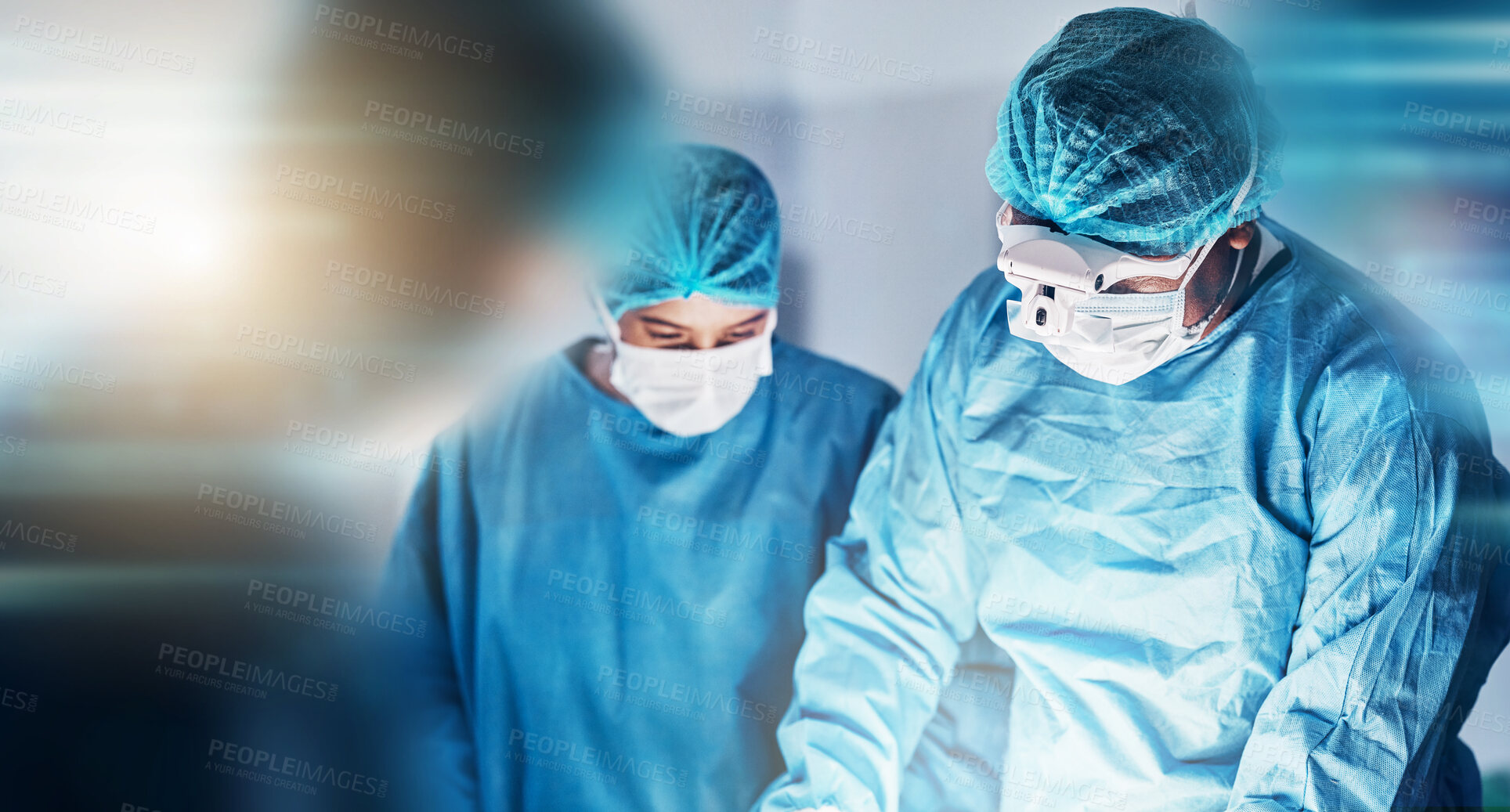 Buy stock photo Medical, surgery and doctors in busy operating room, theatre or icu for anatomy, risk or emergency. Healthcare, support and surgeon team consulting at hospital for process, planning or collaboration